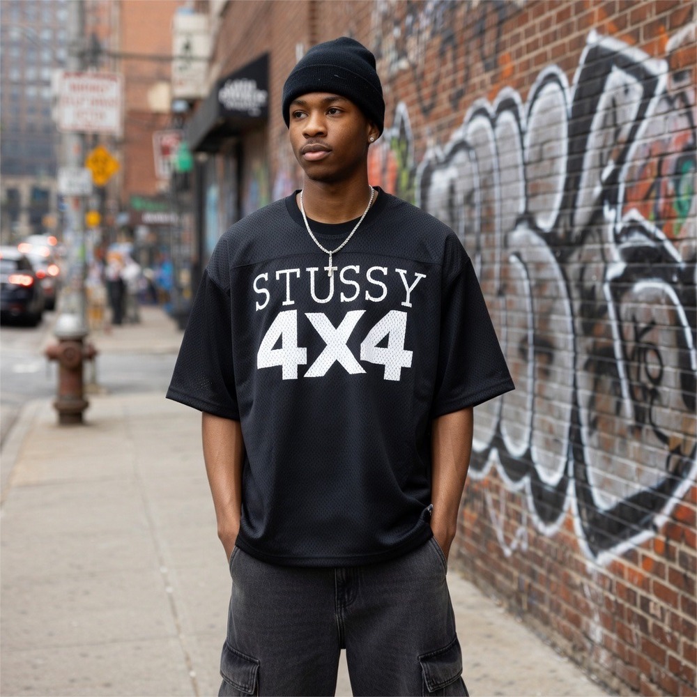 Stussy 4X4 Mesh Jersey Mens XL Black Football Shirt Graphic Spellout Hypebeast